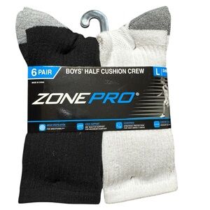 Zone Pro 6 Pair Half Cushion Crew Socks - size large 4 - 10